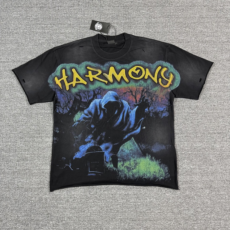 编号120 #P77 HARMONY New Age T-shirt 2026ss欧美最新潮牌白墨直喷烫钻马骝洗水磨破做旧短袖T恤 码数：S  M  L  XL