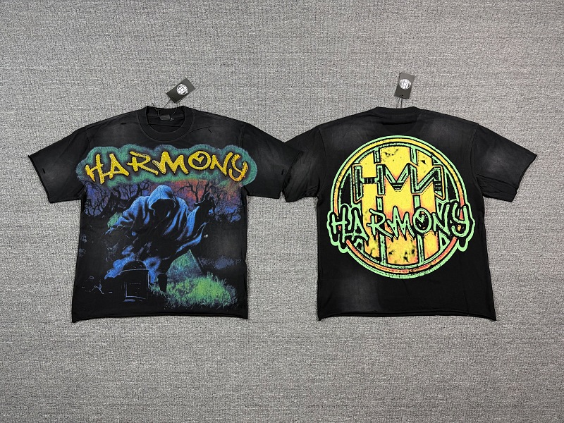 编号120 #P77 HARMONY New Age T-shirt 2026ss欧美最新潮牌白墨直喷烫钻马骝洗水磨破做旧短袖T恤 码数：S  M  L  XL