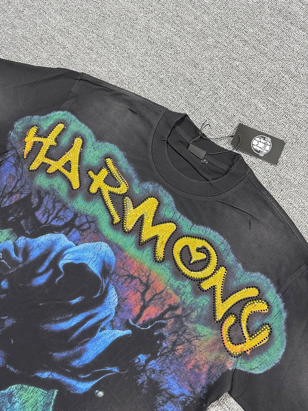 编号120 #P77 HARMONY New Age T-shirt 2026ss欧美最新潮牌白墨直喷烫钻马骝洗水磨破做旧短袖T恤 码数：S  M  L  XL