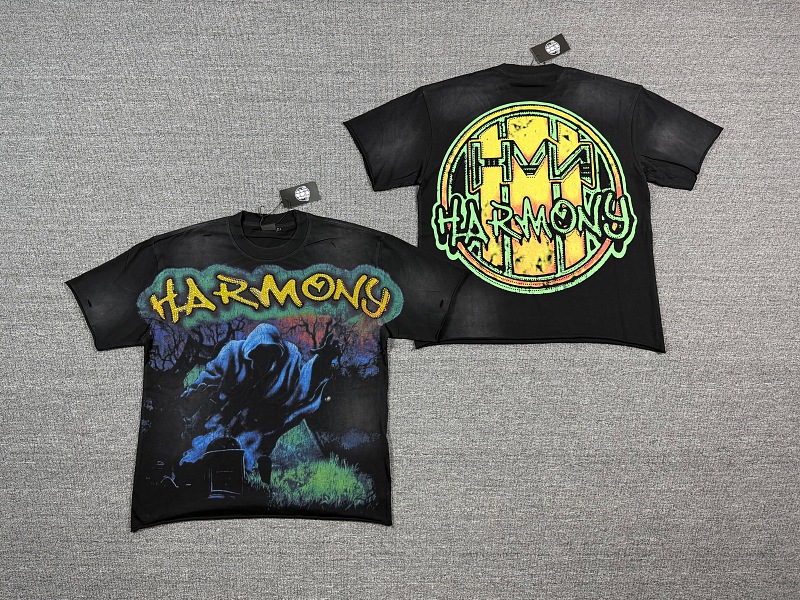 编号120 #P77 HARMONY New Age T-shirt 2026ss欧美最新潮牌白墨直喷烫钻马骝洗水磨破做旧短袖T恤 码数：S  M  L  XL