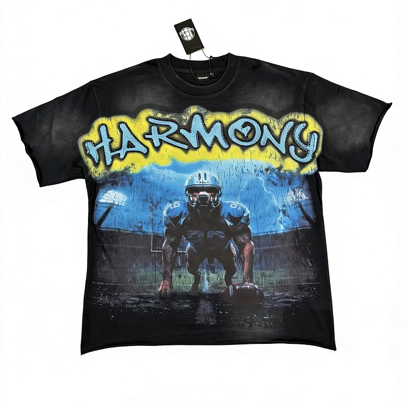 编号115 #P77 HARMONY New Age T-shirt 2026ss欧美最新潮牌白墨直喷烫钻洗水磨破做旧短袖T恤 码数：S  M  L  XL