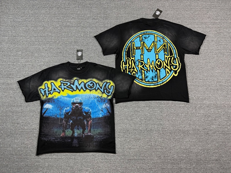 编号115 #P77 HARMONY New Age T-shirt 2026ss欧美最新潮牌白墨直喷烫钻洗水磨破做旧短袖T恤 码数：S  M  L  XL