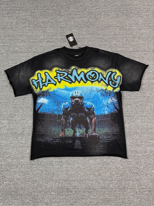 编号115 #P77 HARMONY New Age T-shirt 2026ss欧美最新潮牌白墨直喷烫钻洗水磨破做旧短袖T恤 码数：S  M  L  XL