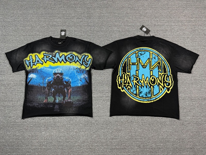 编号115 #P77 HARMONY New Age T-shirt 2026ss欧美最新潮牌白墨直喷烫钻洗水磨破做旧短袖T恤 码数：S  M  L  XL