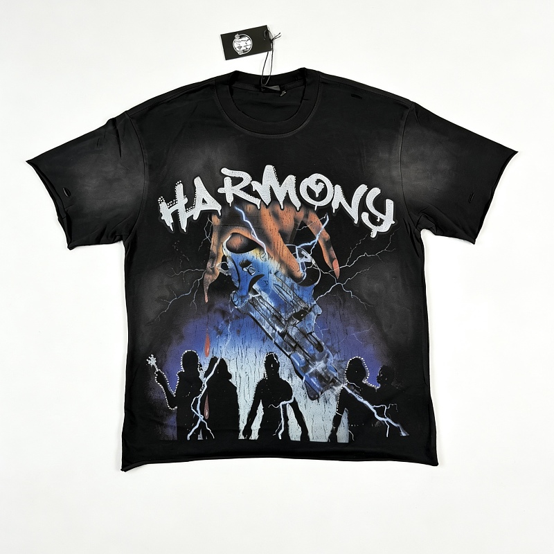 编号113 #P77 HARMONY New Age T-shirt 2026ss欧美最新潮牌白墨直喷烫钻洗水磨破做旧短袖T恤 码数：S  M  L  XL