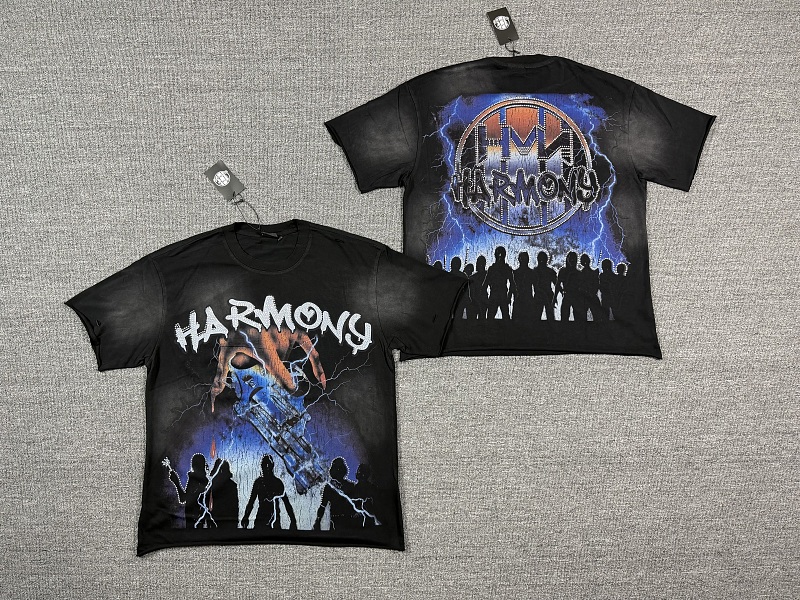 编号113 #P77 HARMONY New Age T-shirt 2026ss欧美最新潮牌白墨直喷烫钻洗水磨破做旧短袖T恤 码数：S  M  L  XL