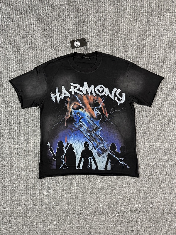 编号113 #P77 HARMONY New Age T-shirt 2026ss欧美最新潮牌白墨直喷烫钻洗水磨破做旧短袖T恤 码数：S  M  L  XL