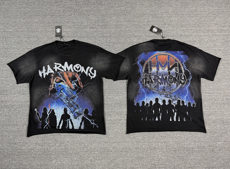 编号113 #P77 HARMONY New Age T-shirt 2026ss欧美最新潮牌白墨直喷烫钻洗水磨破做旧短袖T恤 码数：S  M  L  XL