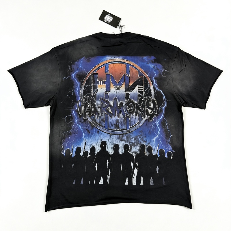 编号113 #P77 HARMONY New Age T-shirt 2026ss欧美最新潮牌白墨直喷烫钻洗水磨破做旧短袖T恤 码数：S  M  L  XL