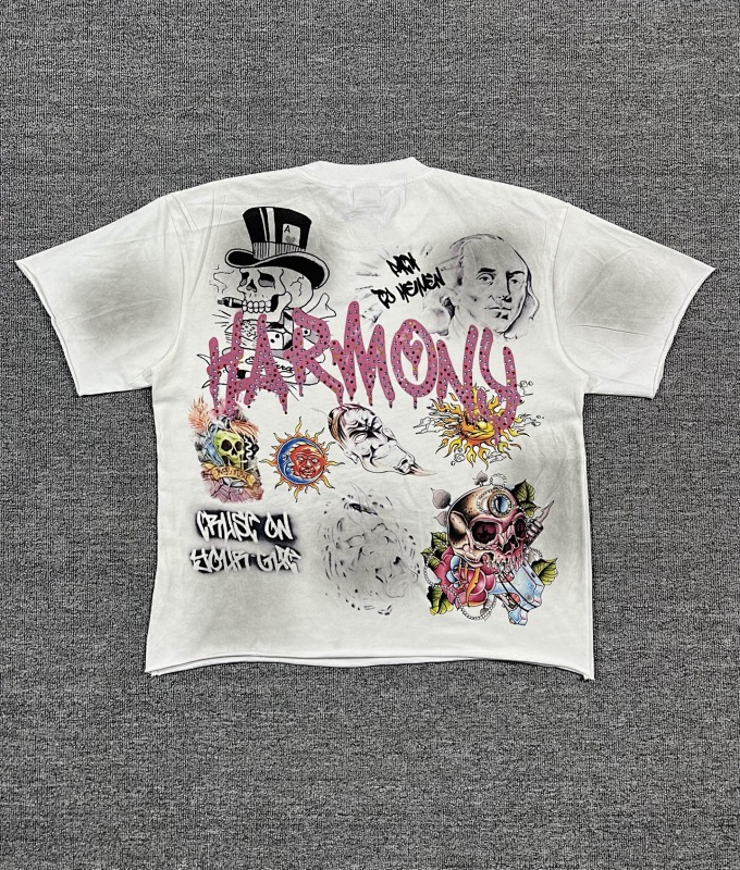编号101 #P70 HARMONY New Age T-shirt 2026ss欧美最新潮牌白墨直喷烫钻洗水做旧短袖T恤 码数：S  M  L  XL