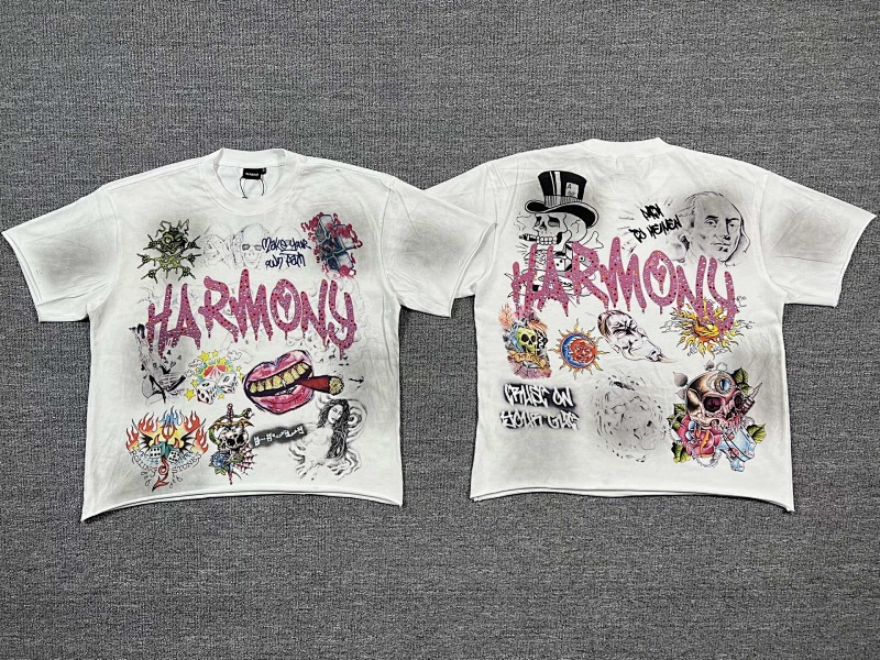 编号101 #P70 HARMONY New Age T-shirt 2026ss欧美最新潮牌白墨直喷烫钻洗水做旧短袖T恤 码数：S  M  L  XL