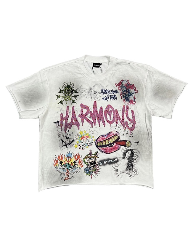 编号101 #P70 HARMONY New Age T-shirt 2026ss欧美最新潮牌白墨直喷烫钻洗水做旧短袖T恤 码数：S  M  L  XL