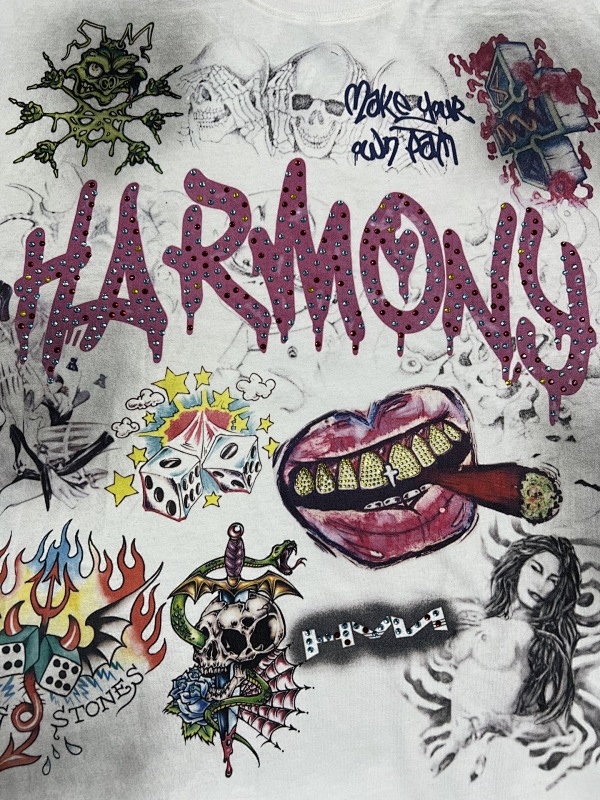 编号101 #P70 HARMONY New Age T-shirt 2026ss欧美最新潮牌白墨直喷烫钻洗水做旧短袖T恤 码数：S  M  L  XL