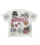编号101 #P70 HARMONY New Age T-shirt 2026ss欧美最新潮牌白墨直喷烫钻洗水做旧短袖T恤 码数：S  M  L  XL