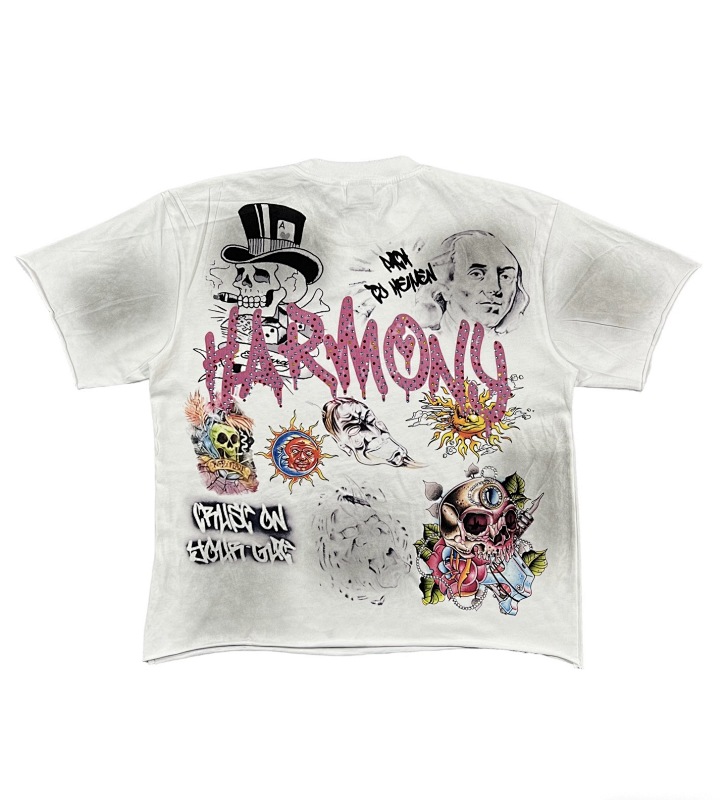 编号101 #P70 HARMONY New Age T-shirt 2026ss欧美最新潮牌白墨直喷烫钻洗水做旧短袖T恤 码数：S  M  L  XL