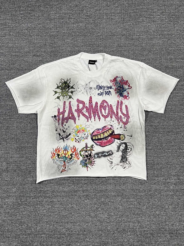 编号101 #P70 HARMONY New Age T-shirt 2026ss欧美最新潮牌白墨直喷烫钻洗水做旧短袖T恤 码数：S  M  L  XL