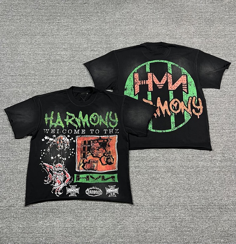 编号102 #P63 HARMONY New Age T-shirt 2026ss欧美最新潮牌印花烫钻洗水做旧短袖T恤 码数：S  M  L  XL