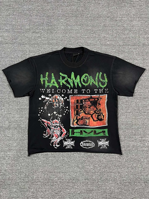 编号102 #P63 HARMONY New Age T-shirt 2026ss欧美最新潮牌印花烫钻洗水做旧短袖T恤 码数：S  M  L  XL