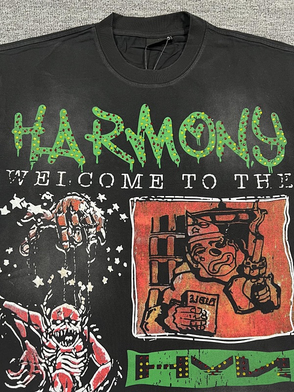 编号102 #P63 HARMONY New Age T-shirt 2026ss欧美最新潮牌印花烫钻洗水做旧短袖T恤 码数：S  M  L  XL