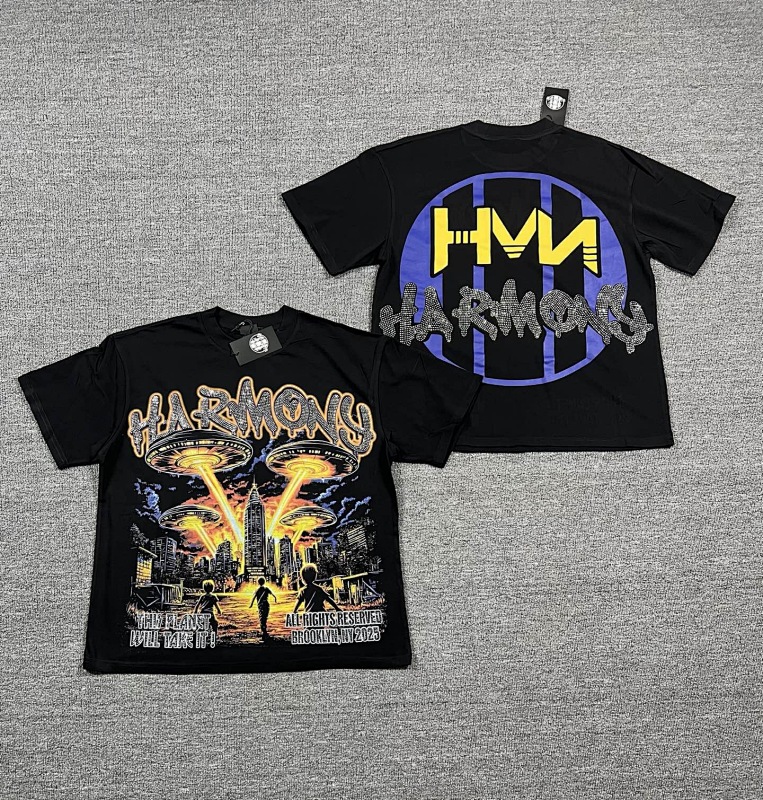 编号103 #P63 HARMONY New Age T-shirt 2026ss欧美最新潮牌白墨直喷烫钻洗水短袖T恤 码数：S  M  L  XL