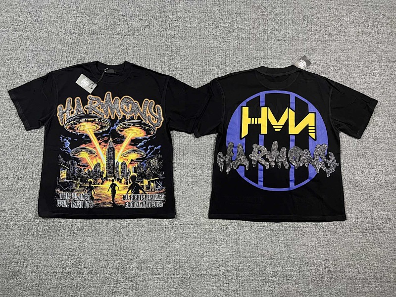 编号103 #P63 HARMONY New Age T-shirt 2026ss欧美最新潮牌白墨直喷烫钻洗水短袖T恤 码数：S  M  L  XL