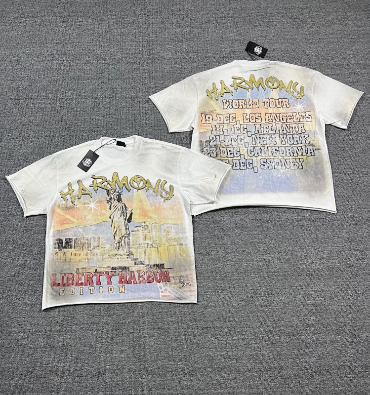 编号112 #P72 HARMONY New Age T-shirt 2026ss欧美最新潮牌白墨直喷烫钻洗水做旧短袖T恤 码数：S  M  L  XL
