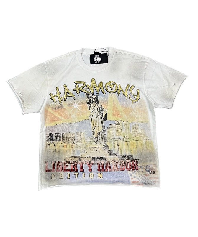 编号112 #P72 HARMONY New Age T-shirt 2026ss欧美最新潮牌白墨直喷烫钻洗水做旧短袖T恤 码数：S  M  L  XL