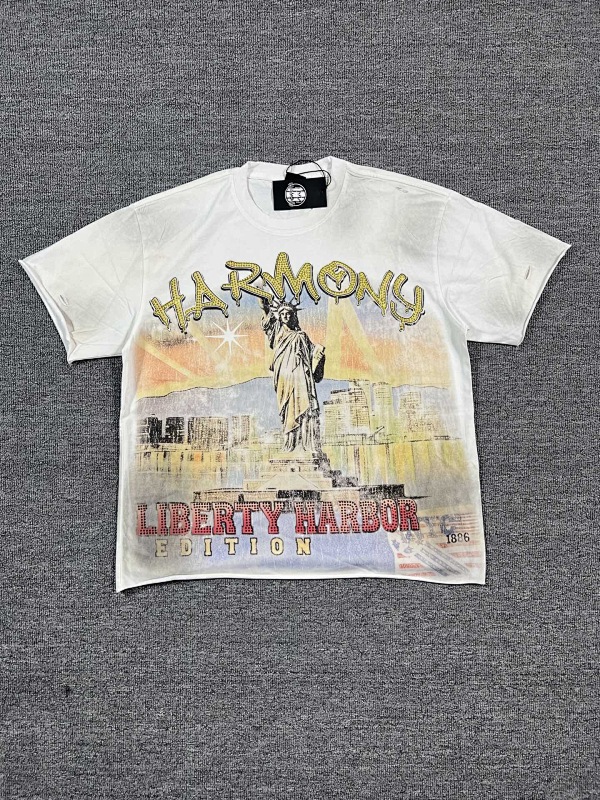 编号112 #P72 HARMONY New Age T-shirt 2026ss欧美最新潮牌白墨直喷烫钻洗水做旧短袖T恤 码数：S  M  L  XL