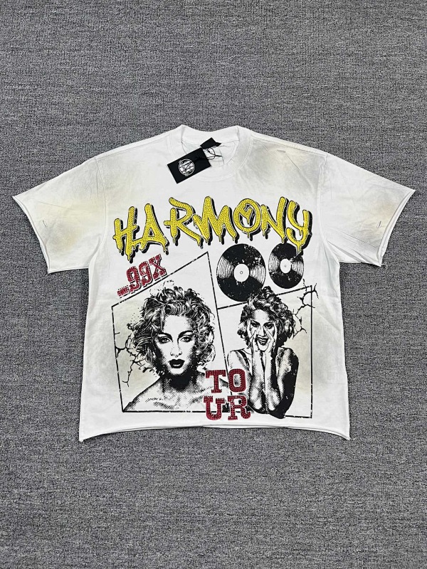 编号116 #P63 HARMONY New Age T-shirt 2026ss欧美最新潮牌印花烫钻洗水做旧短袖T恤 码数：S  M  L  XL