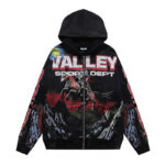 编号VA551，美潮Vale Valley Sport Dept骑士印花洗水泥印做旧连帽衫拉链开衫