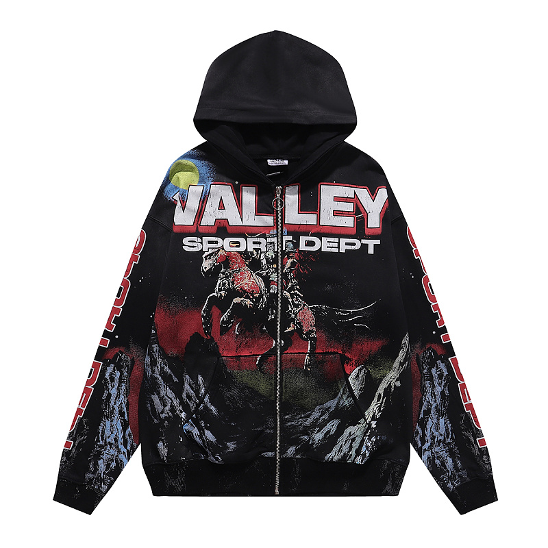 编号VA551，美潮Vale Valley Sport Dept骑士印花洗水泥印做旧连帽衫拉链开衫