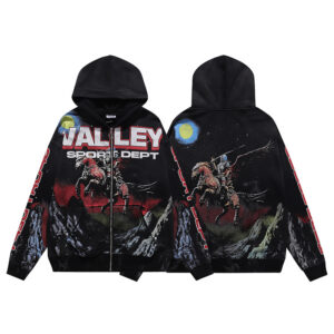 编号VA551，美潮Vale Valley Sport Dept骑士印花洗水泥印做旧连帽衫拉链开衫