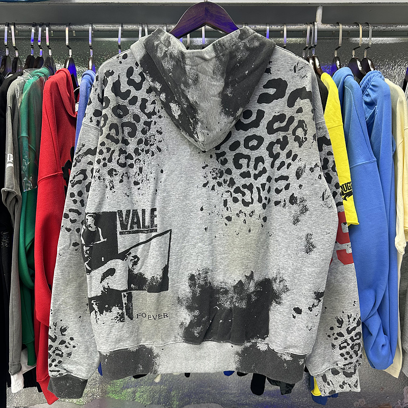 编号VA559，美潮Vale Forever Valley Cheetah豹纹迷彩印花泥印洗水做旧开衫连帽衫男女