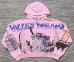 编号VA558，美潮Vale Dreams自由女神印花磨破做旧拉链开衫连帽衫男女