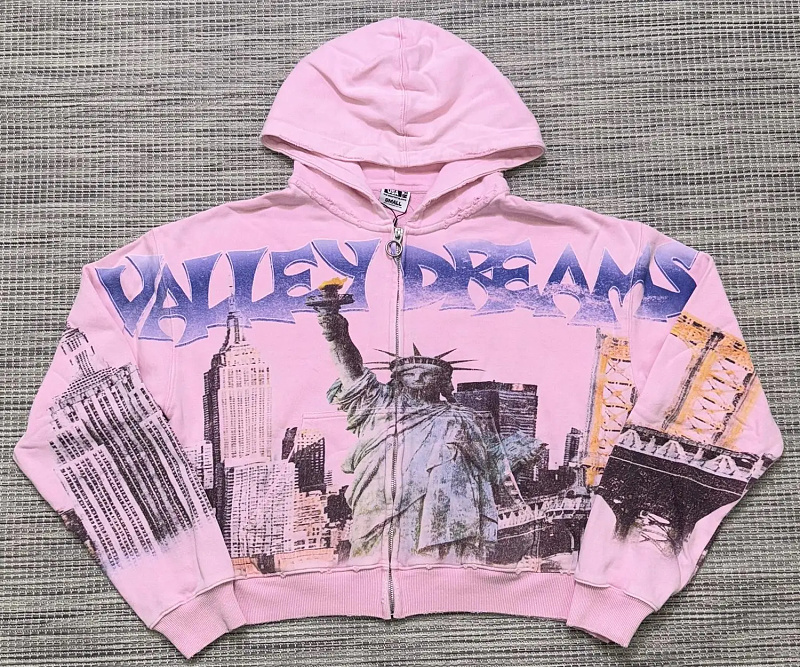 编号VA558，美潮Vale Dreams自由女神印花磨破做旧拉链开衫连帽衫男女