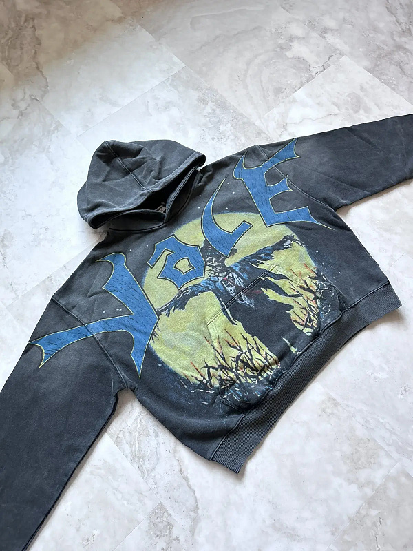 编号VA205,美潮Vale Valley Forever Scarecrow Pullover Hoodie稻草人印花泥印洗水做旧毛圈连帽衫卫衣男女