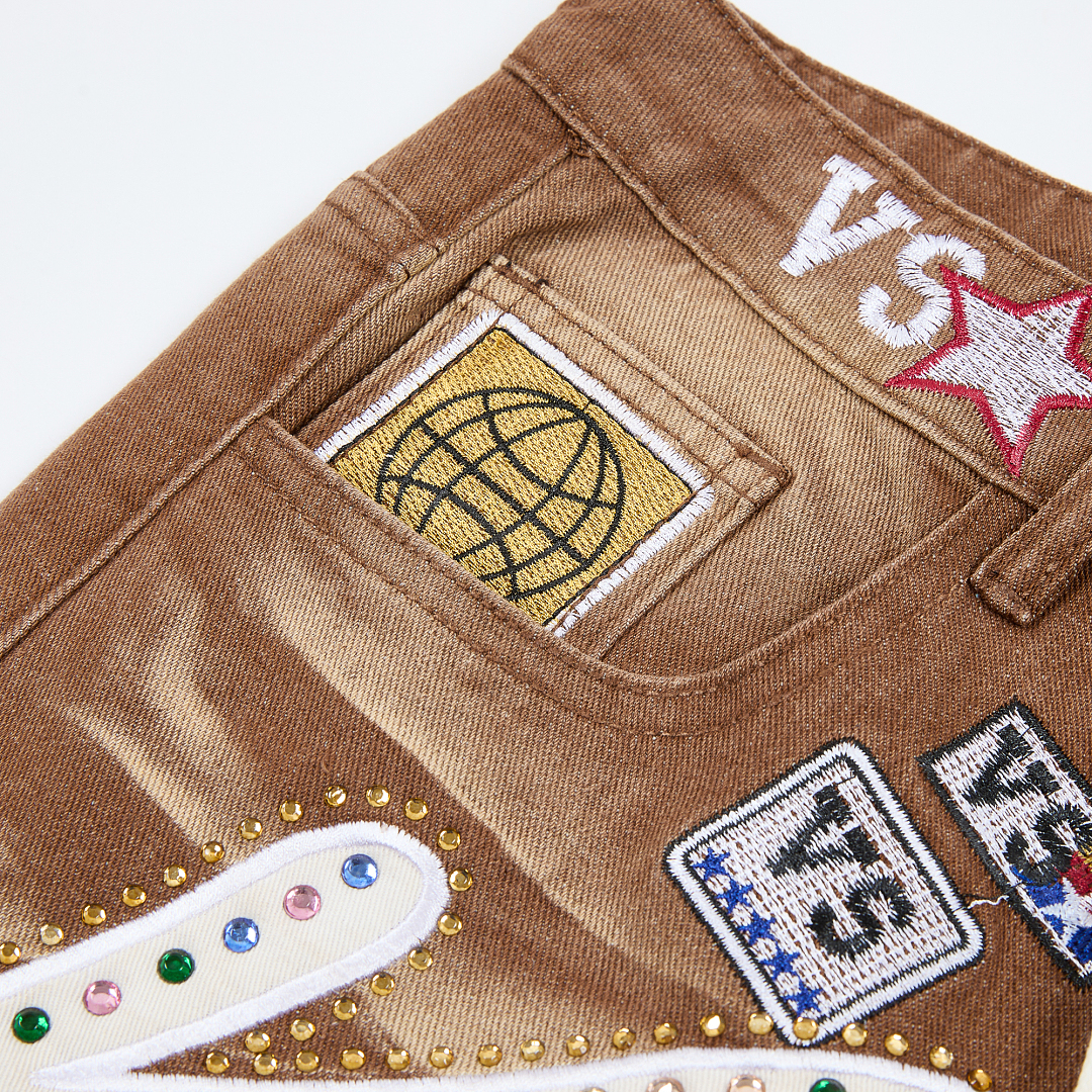 V808# P137 新增蓝色！Vale Forever 1980S JORTS最新潮牌牛仔刺绣烫钻短裤