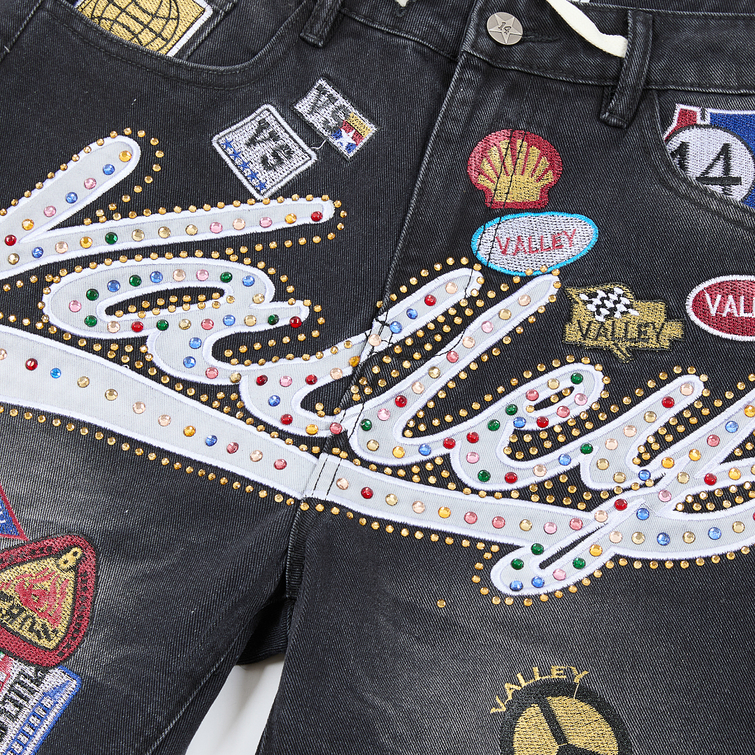 V808# P137 新增蓝色！Vale Forever 1980S JORTS最新潮牌牛仔刺绣烫钻短裤