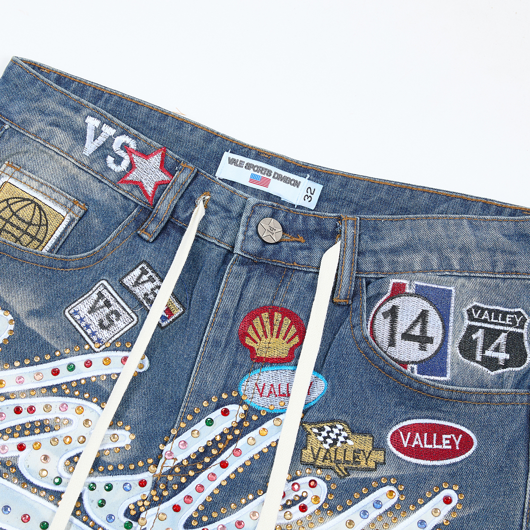 V808# P137 新增蓝色！Vale Forever 1980S JORTS最新潮牌牛仔刺绣烫钻短裤