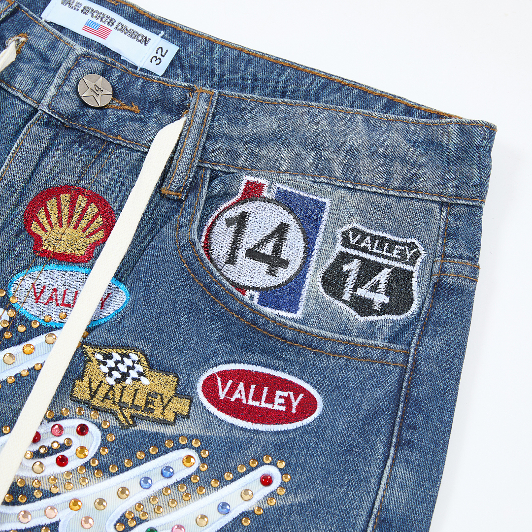 V808# P137 新增蓝色！Vale Forever 1980S JORTS最新潮牌牛仔刺绣烫钻短裤