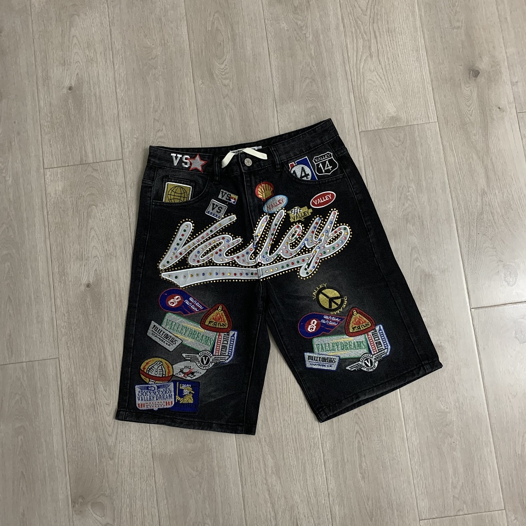 V808# P137 新增蓝色！Vale Forever 1980S JORTS最新潮牌牛仔刺绣烫钻短裤