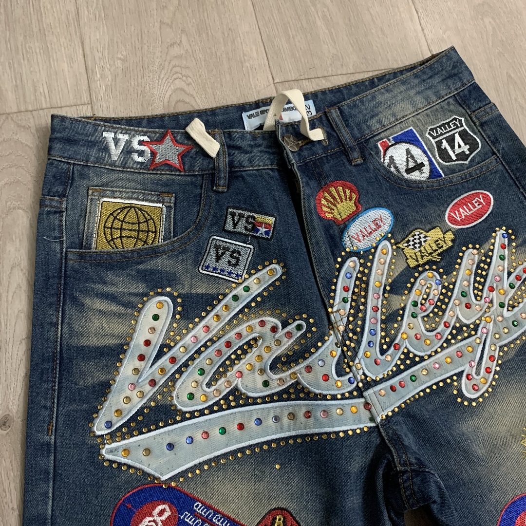 V808# P137 新增蓝色！Vale Forever 1980S JORTS最新潮牌牛仔刺绣烫钻短裤