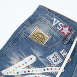 V808# P137 新增蓝色！Vale Forever 1980S JORTS最新潮牌牛仔刺绣烫钻短裤