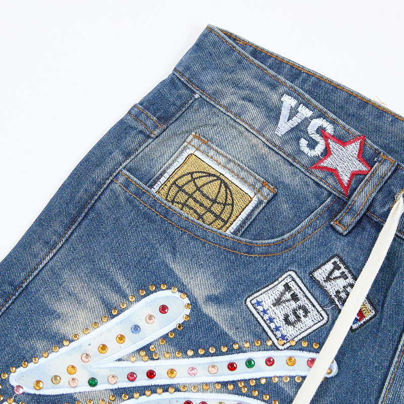 V808# P137 新增蓝色！Vale Forever 1980S JORTS最新潮牌牛仔刺绣烫钻短裤