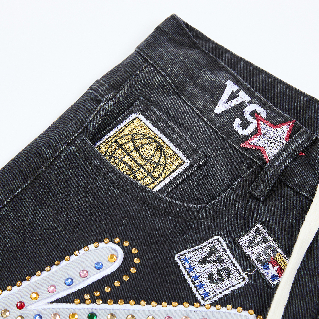 V808# P137 新增蓝色！Vale Forever 1980S JORTS最新潮牌牛仔刺绣烫钻短裤