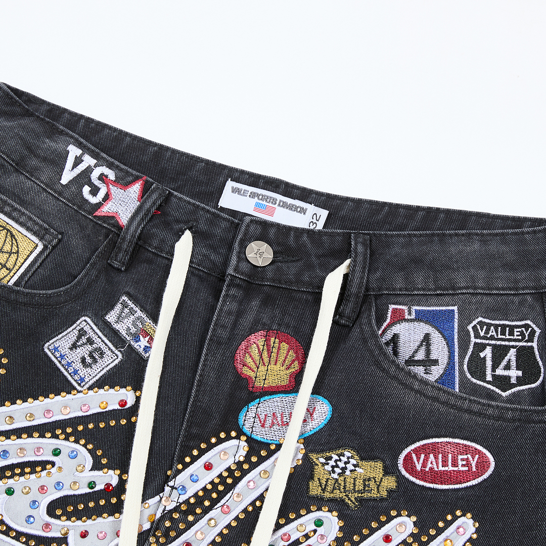 V808# P137 新增蓝色！Vale Forever 1980S JORTS最新潮牌牛仔刺绣烫钻短裤