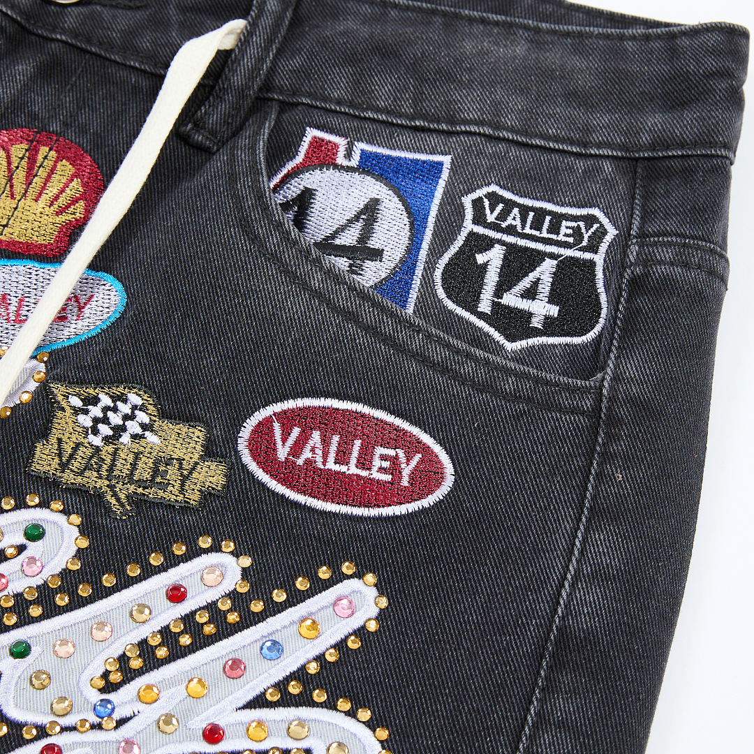 V808# P137 新增蓝色！Vale Forever 1980S JORTS最新潮牌牛仔刺绣烫钻短裤