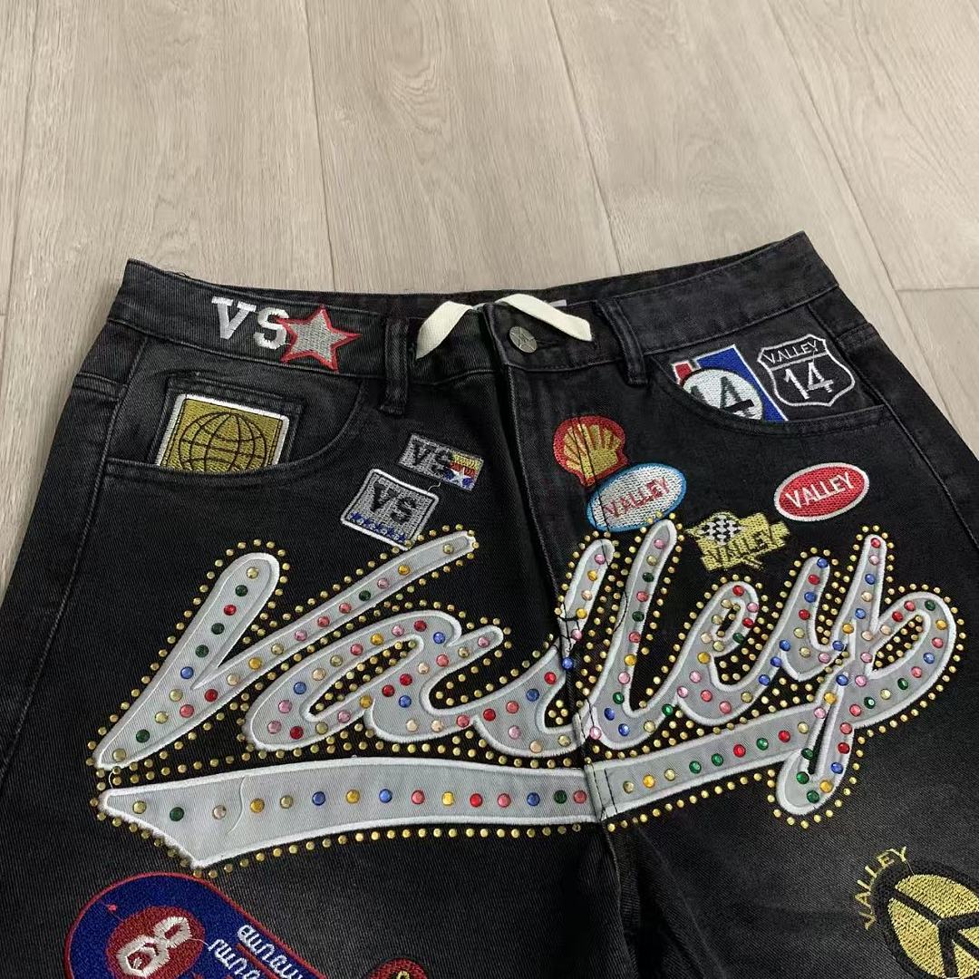 V808# P137 新增蓝色！Vale Forever 1980S JORTS最新潮牌牛仔刺绣烫钻短裤