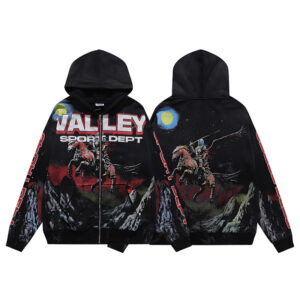 编号VA551，美潮Vale Valley Sport Dept骑士印花洗水泥印做旧连帽衫拉链开衫