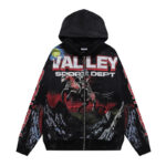 编号VA551，美潮Vale Valley Sport Dept骑士印花洗水泥印做旧连帽衫拉链开衫